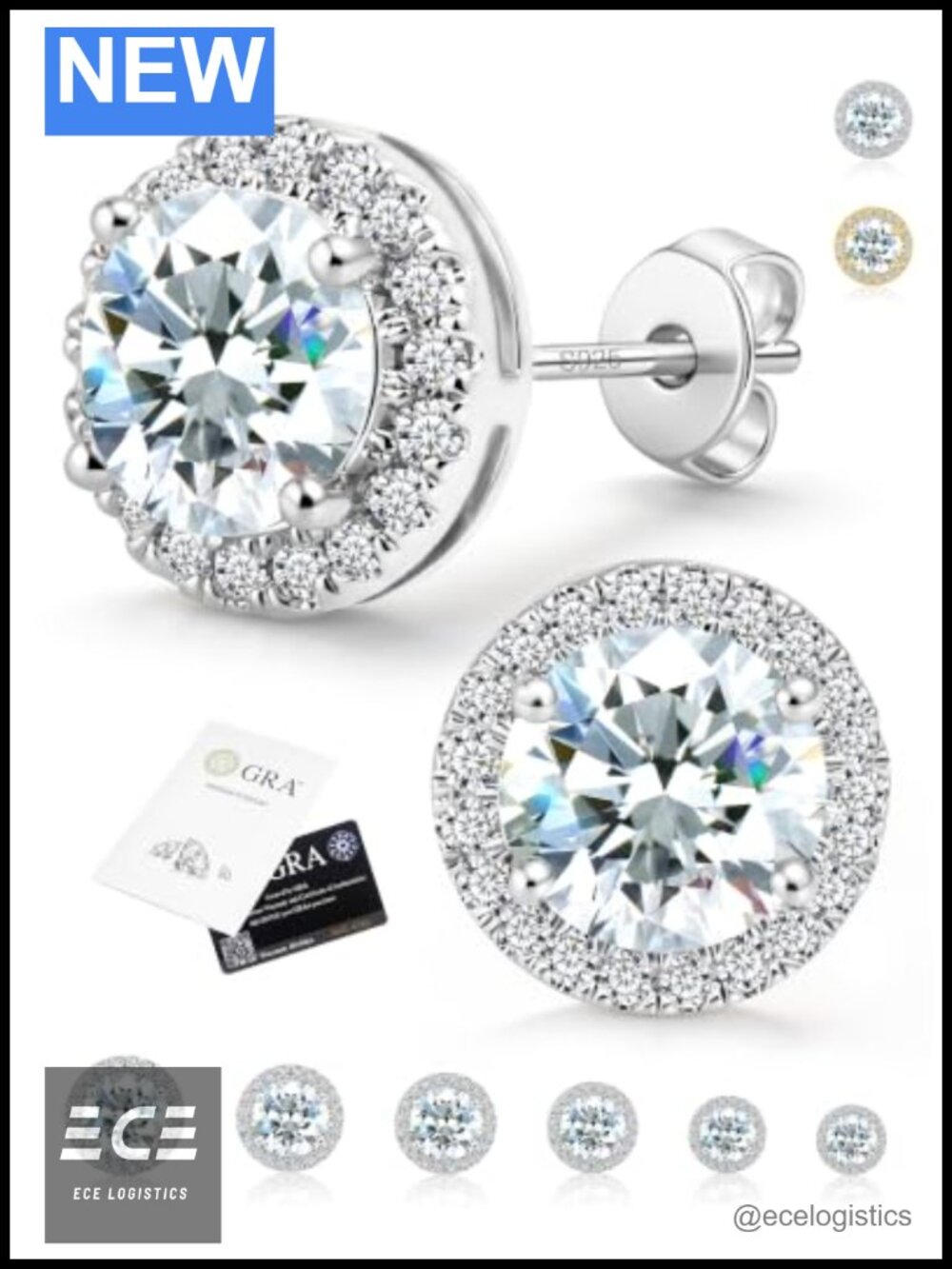 Moissanite Halo Stud Earrings 14K Gold Plated S925 Silver